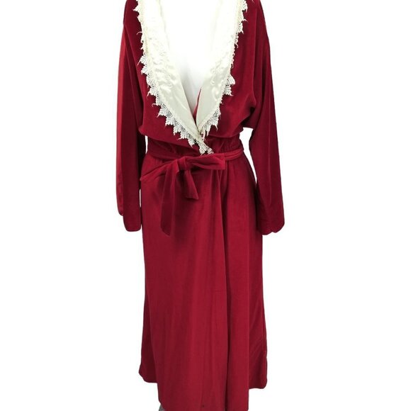 Vintage Red Velvet Satin Lace Robe Size Large Pinup Barbazon Long Pockets - Picture 1 of 13